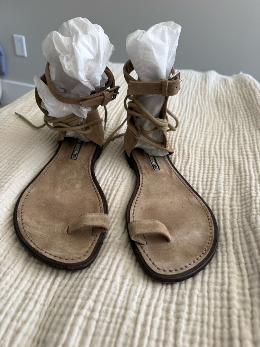 Ann Demeulemeester Suede Toe-Ring Lace-Up Sandals in Tan